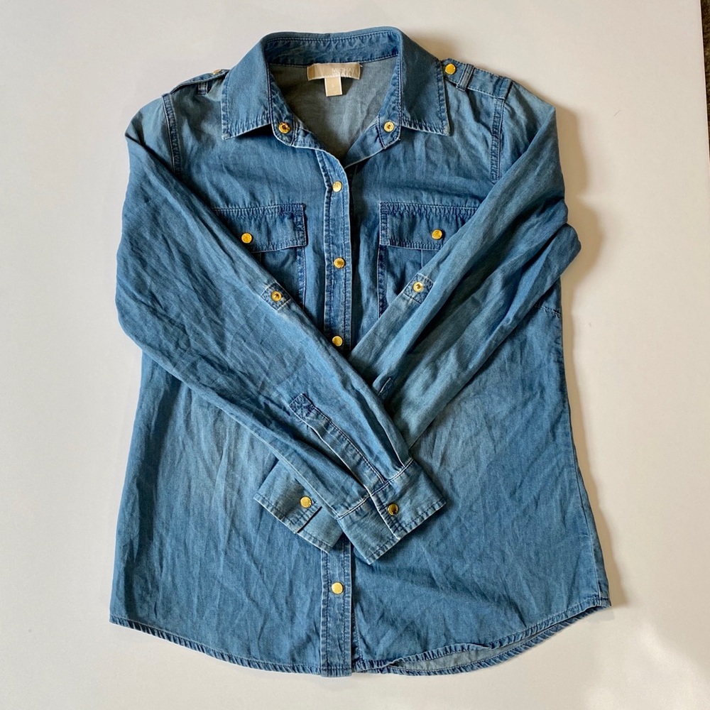 MICHAEL KORS Gold Button Down Logo Chambray Shirt